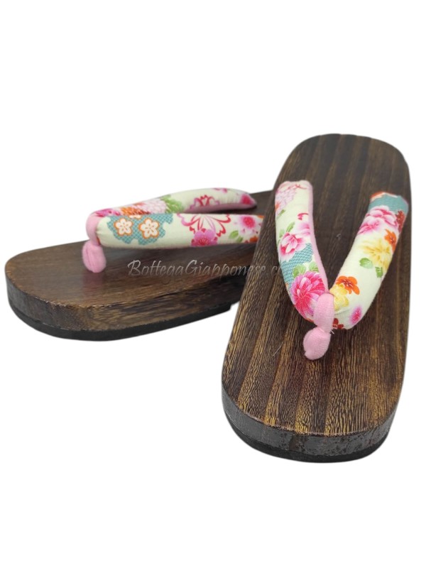 Geta Wooden Sandals with Floral Flip-Flops (Size L) Nara