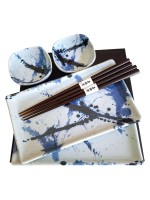 Sushi Box Set x2 Mino Yaki Blue Splash with Chopsticks