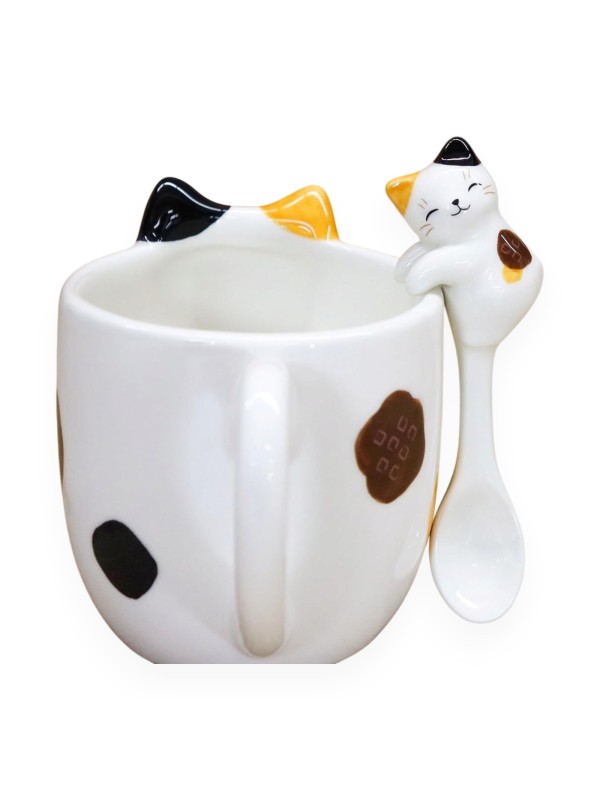 Set Ceramic mug + spoon, Calico cat design