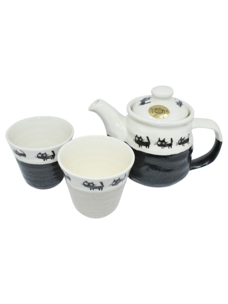 Kyusu Japanese Tea Set with Black Cats Teapot with Filter and 2 Cups