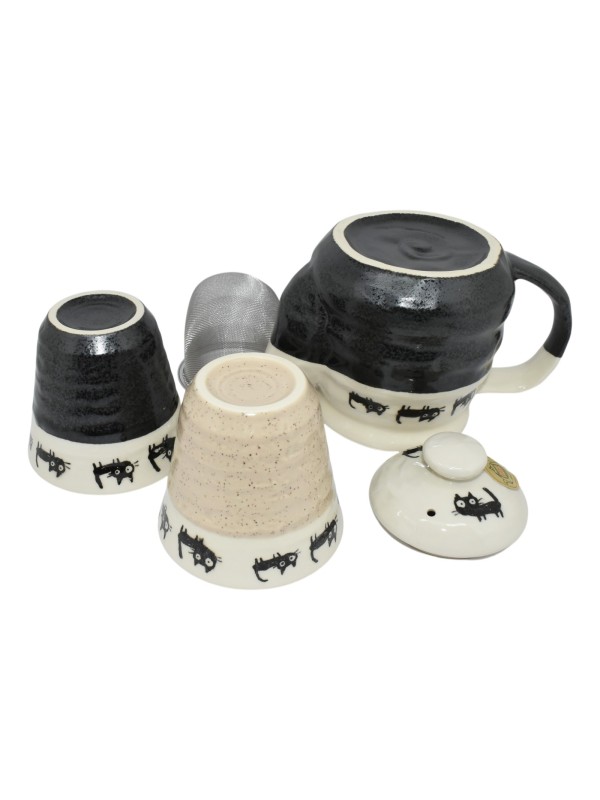 Kyusu Japanese Tea Set with Black Cats Teapot with Filter and 2 Cups