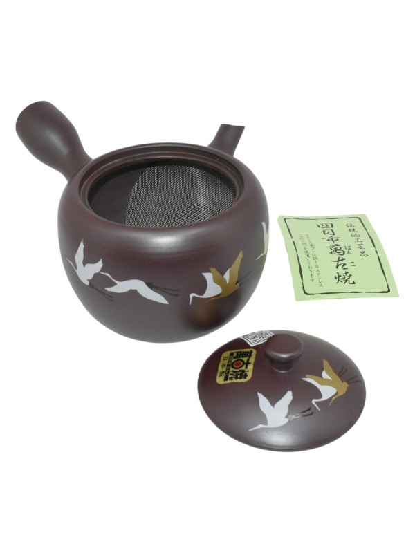 Kyusu Japanese Clay Teapot with Flying Crane Motif