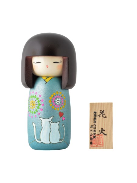 Kokeshi "Hanabi" (Fireworks) with Cats