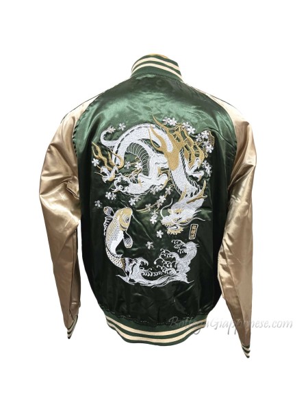 Sukajan green jacket with carp and dragon embroidery